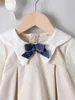 Meninas toddler flounce manga bow dobra frontal vestido plissado ela