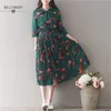 Mori Girl Vintage Groene Floral Gedrukt Drie Kwart Mouw Jurk Dames Verse Japan Stijl Boog Kraag Elastische Taille Plooited Midi 210520