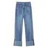 Mode manschetter jeans Kvinnors sommar Highg midja ljusblå lös raka Dnim byxor Kvinna Tide 5e272 210427