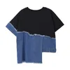 [eam] 여성 데님 포켓 불규칙한 큰 크기 블루 티셔츠 라운드 넥 반팔 패션 봄 여름 1DD6106 210512