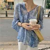 Feminina coréen lâche en mousseline de soie chemise haut pour femme été mince col en v Blusas Wome Vintage élégant trois quarts manches hauts 112D 210420