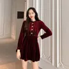 Casual Dresses 2021 Women Velvet Dress Vintage Court Style Rivet Buttons Party Stand Collar Long Sleeve Wine Red Sexy Mini