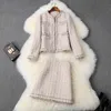 Elegante abito scozzese rosa femminile inverno lana tweed tessuto perline perle giacca cappotto e minigonna set donna due pezzi abiti 210416
