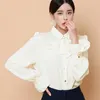 Moda Damasco Mulheres Formal Plus Size Blusa Elegância Elegância Flare Manga Laço Ol Camisa Sólida Escritório Senhora Básico Tops 210421