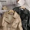 NELLOE Fashion Faux Кожа PU Пальто Корейский Стиль Ударный Воротник Тонкая Осень Полная Осень Женская Кожаная Куртка с поясом 211109