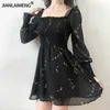 Gasa de seda sexy negro retro, estampado de flores, mangas largas esponjosas, estilo casual, mini vestido,