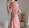 French Summer Short Sleeve Boho Dress Women Elegant Vintage Dot Chiffon Midi Female Square Collar Sweet Party 210519