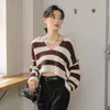 Jxmyy Autumn and Winter Women's Lazy Style Loose and Thin Short Bat Sleeves V Neck Striped Sweater Top Women 210412
