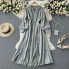 SINGREINY Women Design Embroidery Dress Elegant Retro Puff Sleeve V Neck A-line Dress Spring Fashion Casual Vacation Long Dress 210419