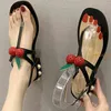 Women's Sandals Summer New Pearl Cherry Clip Toe Flat Sandals Women Ankle Buckle Band Beach Square Heel Ladies Shoes 210426