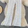 New women's high elastic waist shinny bling paillette sequined wide leg loose long pants trousers solid color