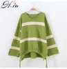 H.SA Femmes Pull Pulls Flare Manches Vert Tricot Pull Pulls Rayé Coloré Tricots Pull Automne Coréen sueter feminino 210417