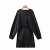 Элегантная женщина черный V шеи пояс шифон мини платье весенние моды женские эластичные A-Line ES женский повседневный 210515