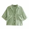 Koreaanse causale zakken blouse top vrouwen korte mouw turn-down kraag shirt zomer katoen linnen blusas mujer 6h897 210603