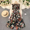 Koreansk modeblomma klänning Slash Neck Kortärmad Elastisk midja Sexiga Slim Ladies Fairy Dresses Office Lady Vestidos 210601