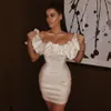 Free Women White Satin Mini Dress Sexy Off-shoulder Pleated Bodycon Halter Club Celebrity Party Vestidos 210524