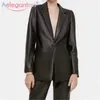 Aelegantmis PU Zwart Oversize Dames Pak Faux Lederen Blazer Vrouwen Stijlvolle Jas Femme Vintage Jas Chic Office Lady 210607