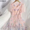 Женские платья Корейский блестение бабочки халат сладкий марлевой элегантный высокий талию Vestidos летняя половая рукава V-образным вырезом мини-платья 210519