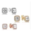 Charm 925 Sterling Silver Square Big CZ Diamond Earring Fit Pandora Jewelry Gold Rose Go-ld Plated Stud Earrings Women Ear rings