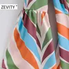 ZEVITY Women Vintage cross v neck colorful striped print casual kimono Dress ladies flare sleeve lace up Vestidos Dresses DS4312 210603