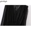 Yenkye Moda Kobiety Sexy Przezroczyste Mesh Bluzka Koszula Z Długim Rękawem V Neck Wzburzyć Vintage Black Top Kobieta Kropkowane Blusas Topy 210515