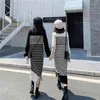 Black White Pullover Crew Neck Long Sleeve Straight Midi Autumn Dress Split Korean Knitted Striped D1692 210514