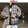 Lapster homens harajuku bloco de cor xadrez camisa dos homens streetwear grossos camisas manga longa macho vintage moda coreana roupas 210410