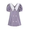 Sommer Lila Kawaii Damen Sommerkleid Minikleid Robe Zweireiher Anzug Kragen Kurzarm Kleider Sukienka 210514