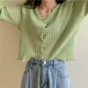 Mulheres Verão Manga Longa Solcreen Cardigan Ribbed Knit Ruffles Sweater Crop Top Button Down Color Sólido V-Neck Outwear 210805