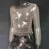 Sexy See przez cienkie bluzki tiulowe z frezowaniem z długim rękawem Clubwear Night Data Out Tops Transparent Siatki Kobiece Panie Moda 210416