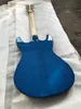 Ventures Johnny Ramone Mosrite Mark II Deluxe Blue Guitarra eléctrica Tune-A-Matic Bridge Stop Tailpiece, 2 pastillas de bobina simple, sintonizadores vintage, golpeador blanco