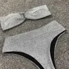 Yeni Seksi Bandeau Parlak Glitter Bikini Set Kadın Mayo Mayo Pad Yay Ile Bikini Yüksek Bel Bather Mayo Yüzmek Giyim 210407