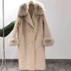 Oftbuy prawdziwy futra płaszcza zimowa kurtka kobiety naturalny futra kołnierz kaszmiru wełniane mieszanki długiej odzieży wierzchniej damskie streetwear 220112