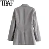 TRAF femmes mode Double boutonnage vérifier Blazer manteau Vintage à manches longues poches vêtements de dessus pour femmes Chic hauts 210415