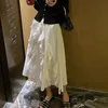 White Ruffle High Waist Pleated Skirt Women Black Elegant Chic Midi Long Saia Summer Ins Wild A-Line Streetwear For Teenagers 210421