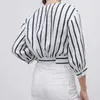 AELEGANTMISリネンディープVネックストライプショートブラウス女性夏カジュアル3クォーターLLAXクロップファッションエレガントなシャツ210607
