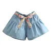 Summer Casual 3 4 5 6 8 10 11 12 Years Baby Solid Color Cotton Loose Denim Blue Shorts With Floral Belt For Kids Girls 210529