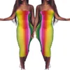 Rainbow Paski Drukowane Bodycon Midi Suknie Dla Kobiet Letni Hurtownie Evening Party Festival Sexy Dress Free 210525