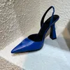 Designer-Damensandalen, Partymode, 100 % Leder, Tanzschuh, neue sexy Absätze, Super 9,5 cm, Damenhochzeit, spitzer Zehenbereich, Metall, Damenkopf, High-Heel-Kleid, Damenpumps, große Größe 35–42