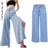 Moda Largura Perna Alta Cintura Calças de Jeans Mulher Loose tornozelo Comprimento Cool Split Aberto Lado Denim Calças Verão ZA3940 210427