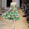 Designer Runway Green Tropical Flower Exped Spaghetti Pasek Lato Midi Sukienka Party Beach Wakacje Chic Dresses Robe 210421