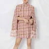 Plaid Patchwork Tassel Jacket For Women Turtleneck Long Sleeve High Waist With Sashes Pink Casual Coat Female 210524