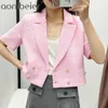 2 Parça ZA Blazer Kısa Set Vintage Şık Çentikli Ceket Palto Şort Çift Göğüslü Kentsel Kıyafetler 210604