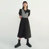 [Eam] Mulheres Contraste Cor JCAQuard Midi Dress Ronda Pescoço Manga Curta Solta Fit Moda Primavera Verão 1d5830 210512