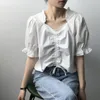 Purepler квадратный костол кружевной блузки женские летние свободные слойки с коротким рукавом обратно рубашка женская прилив 5c868 210427