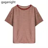 Sommar T-tröja Kvinnor Kortärmad Basic Bomull T-shirts Vintage Striped Femme O-Neck Loose Toppar Tee 7 Färger 210601