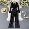 Kvinnor Black Jumpsuit Spring Fashion Hollow Out Lace Splicing Rompers V-Neck Full Sleeve Wide Leg Kläder Overaller 210603
