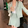 2 sztuk SM Kobiety Blazer Spódnica Zestaw Wiosna Jesień Preppy Style Pink Green Blazer + Mini Spódnice Dwie kawałki Zestaw Odzieży (X1875) 210423