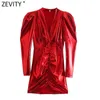 ZEVITY Frauen Mode Helle Elastische Feste Rote Dünne Mini Kleid Weibliche Chic Falten Puff Sleeve V-ausschnitt Marke Party Vestidos DS9089 Y1204