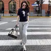 Fashion knitted t-shirt round neck short-sleeved loose printed T-shirt all-match blouse women's sweater 210520